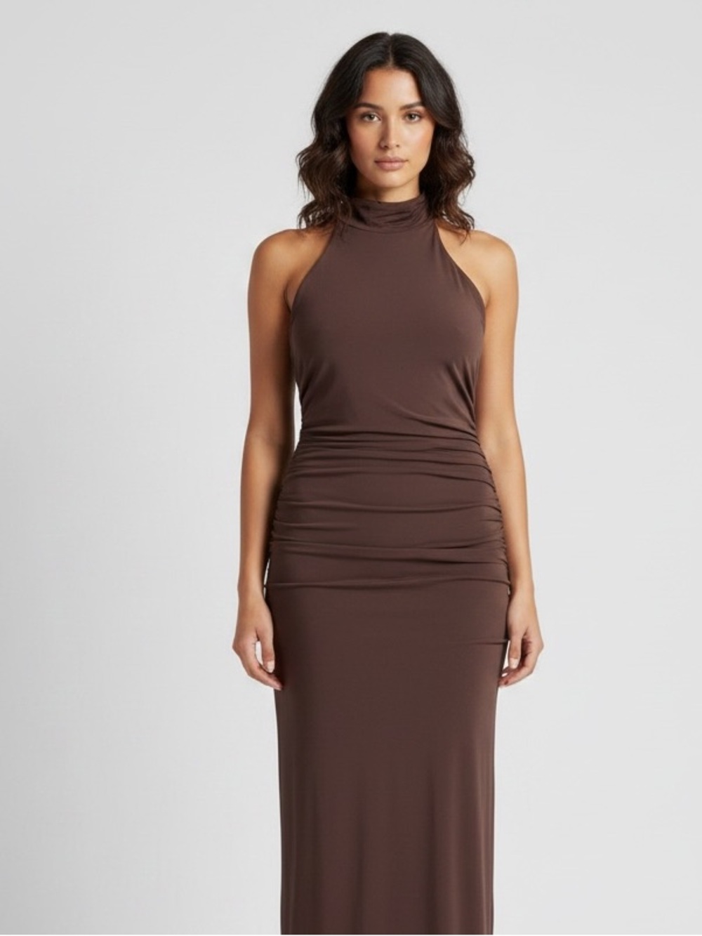 Sleeveless Mock-Neck Ruched Maxi Dress in Chocolate Brown
Medium
Like new